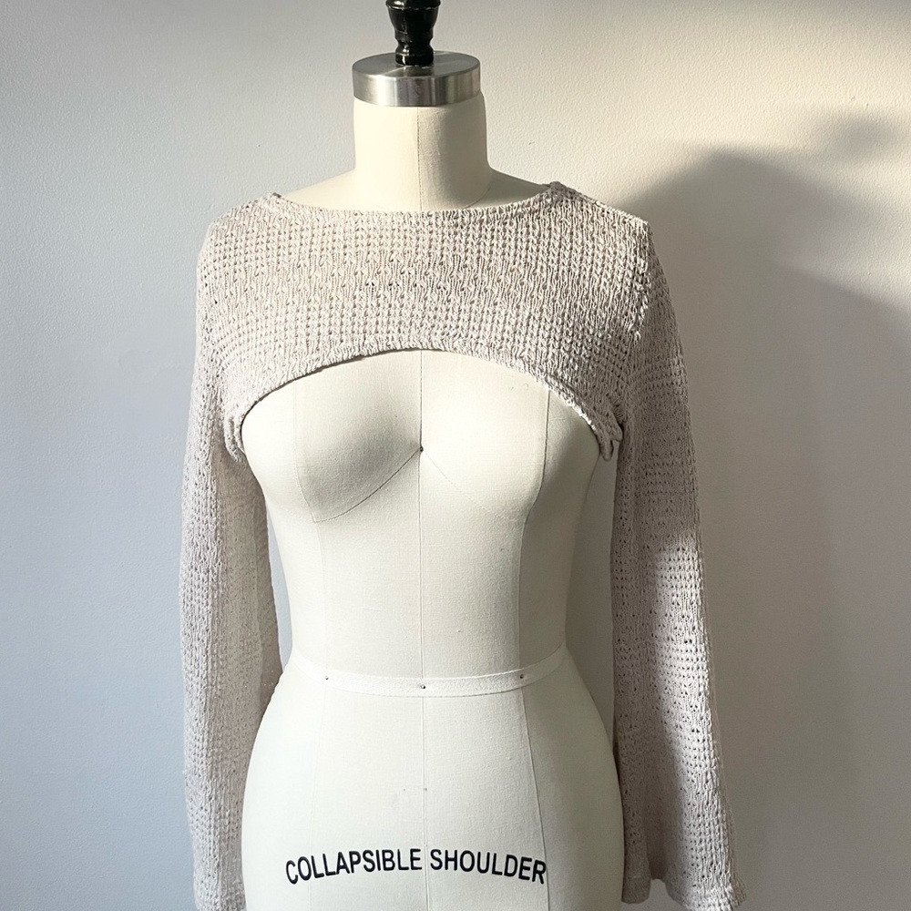 Cream Cropped Shrug Crochet Long Sleeve Balletcore Bolero Sweater